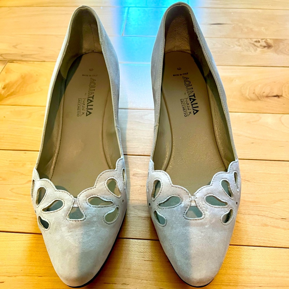 Aquatalia Paris Stone Blue Suede Wedge Size 9